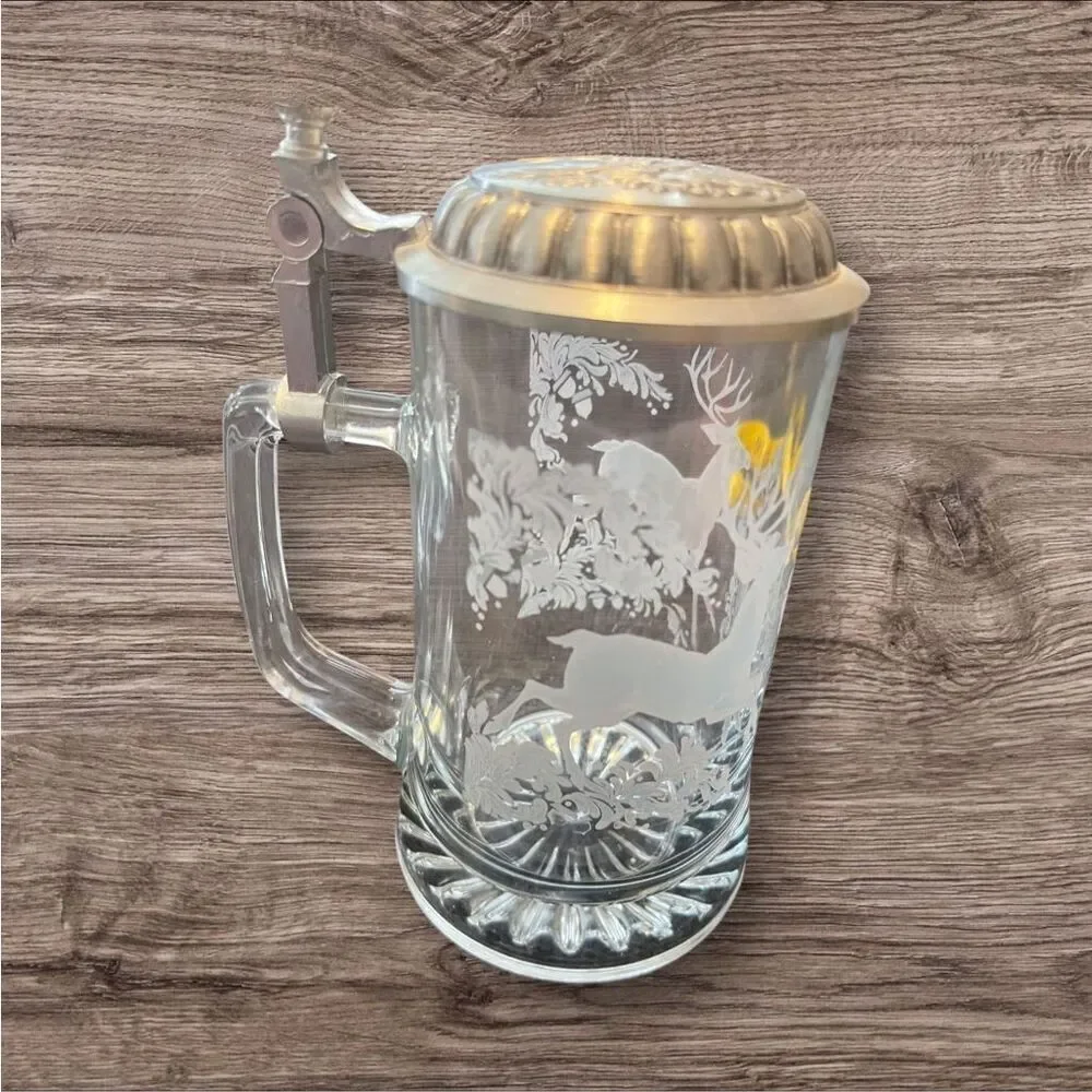 Vintage German Crystal Glass Beer Stein w/ Pewter Lid Set of 2